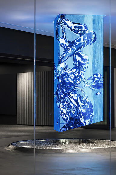 A glass window with a blue design.